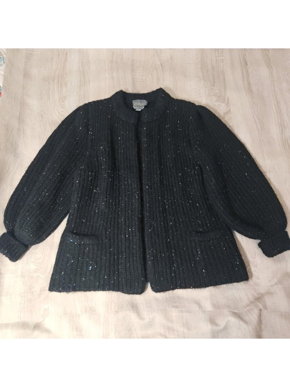 Vintage Womens Size L Black Confetti Speckled Mohair Wool Open Front Cardigan